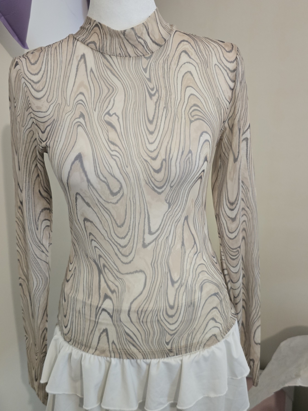 Dynamite Sheer Mesh Mock Neck Top Woodgrain Abstract Swirl Print Earthy XS TP